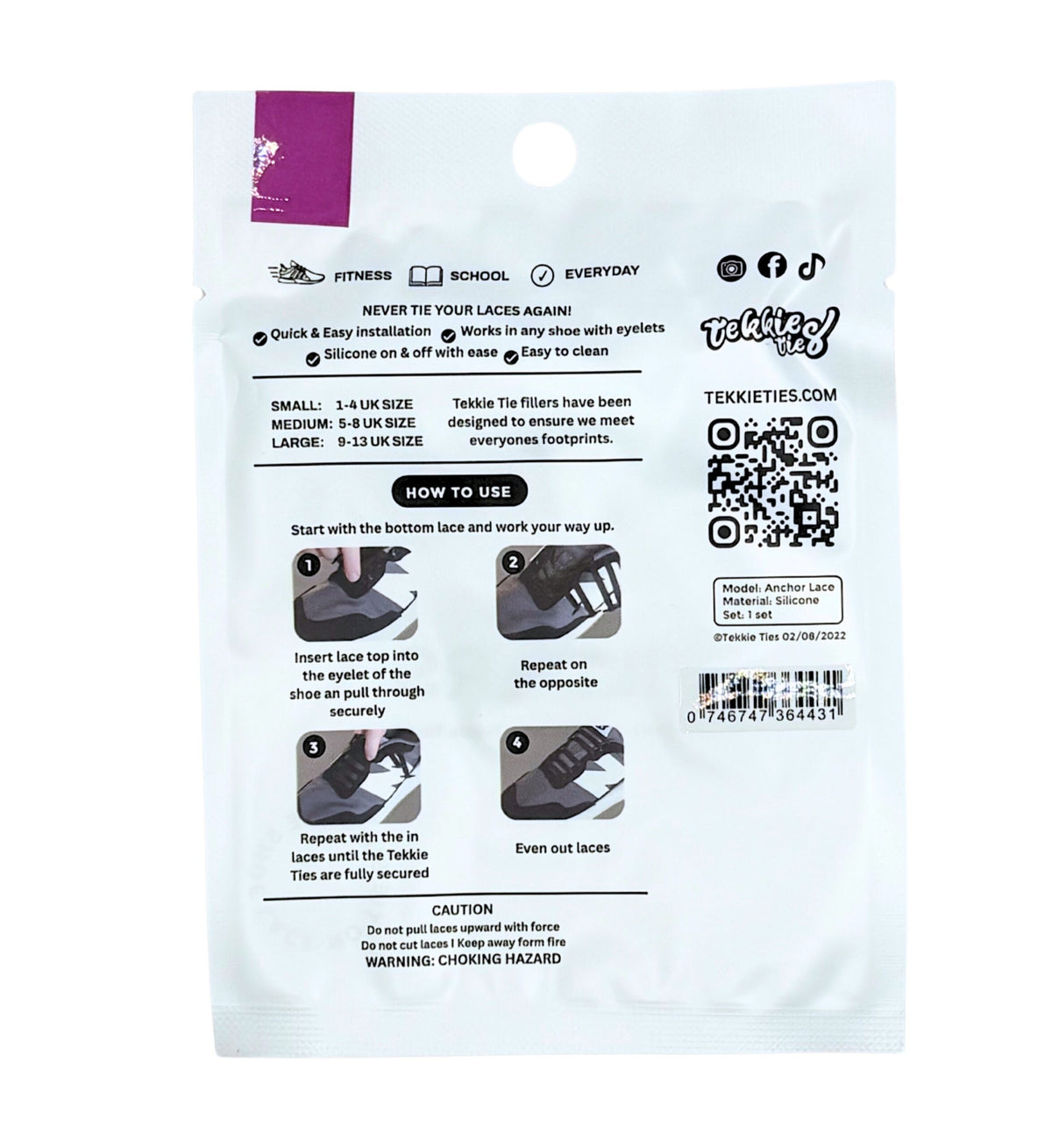 Tekkie Ties Fillers pack back with sizing