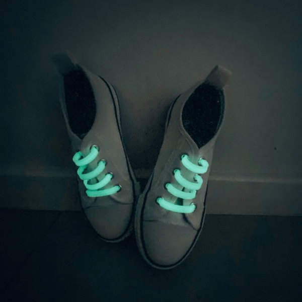 Glow in the dark Tekkie Ties glowing in sneakers