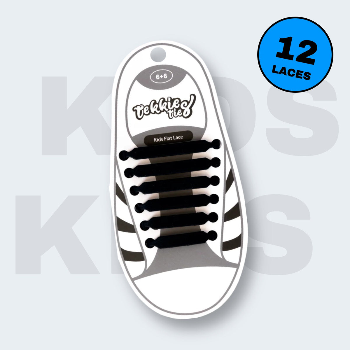 Tekkie Ties Kids Laces in Black, 12 laces per pack